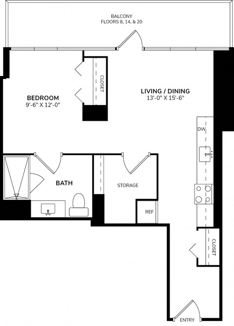 Floor plan for studio, 1 bath, 635 sqft